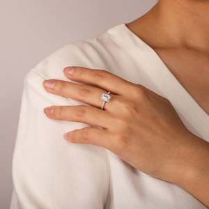 <b>Emerald</b> Cut Halo Sterling <b>Silver</b> Engagement <b>Ring</b>-Fine Geometric Statement Jewelry - Product Image 5