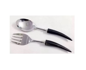 Ensemble de couverts à salade en acier inoxydable avec poignée ronde en résine noire faite à la main - Product Image 1