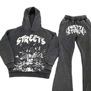 Trajes de jogging personalizados para hombre, traje de sudor lavado con ácido, sudadera con cremallera y pantalones de chándal, conjunto de chándal con estampado de hojaldre acampanado - Product Image 3