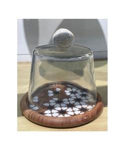 Latest Design Tableware Cake Server With Lid Round Shape Wood <b>Dessert</b> Dates Server With Glass Lid And Marble Knob - Product Image 1