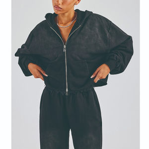 Sudadera con Capucha Personalizada, Holgada, con Cierre, Estilo Crop Top, Hombros Caídos, Borde Deshilachado, Lavada, Estilo Vintage para Mujer - Product Image 3