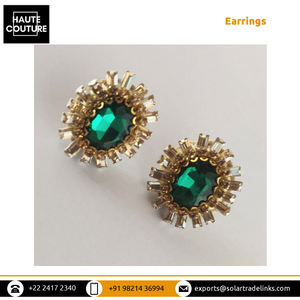 Elegant Design Custom Size Handmade Hand Embroidered Emerald Green Crystal Stone Studded Bridal Wear <b>Earrings</b> for Women's - Product Image 3