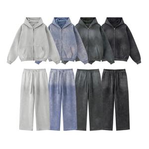 Conjuntos Deportivos Personalizados con Lavado Ácido, de Algodón Grueso, con Cremallera Completa, Conjuntos de Sudadera con Capucha y Pantalones Deportivos para Hombre - Product Image 1