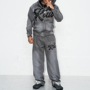 Venta al por mayor Streetwear Zip-Up Baggy Heavyweight Cotton Flared Acid Wash Custom Rhinestone Hombres Chándal Pantalones de chándal y Sudadera con capucha - Product Image 3