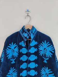 Boho Blue <b>Velvet</b> Suzani <b>Jacket</b> Embroidered Winter Coat, <b>Velvet</b> Suzani Embroidered <b>Jacket</b>: Bohemian Artisanal Coat - Product Image 2