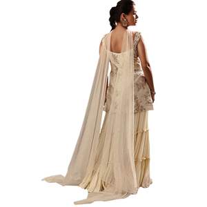 Juego de Georgette Kurta Sharara bordado OffWhite con trabajo de lentejuelas y Dupatta para ropa festiva de fiesta de boda - Product Image 6