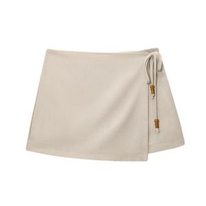 Shorts Falda Casual de Verano para Mujer, Color Beige, Tejido Transpirable, Teñido en Prenda, Cintura Media, Cierre Lateral con Cremallera y Cordones, 100% Poliéster, Color Sólido - Product Image 4