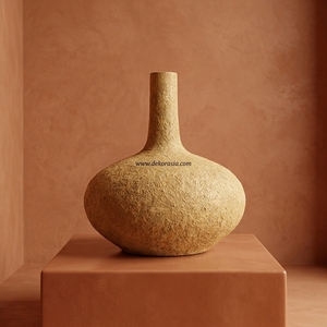 Vase à col long en terre cuite rustique jaune Palu M, pot en argile artisanal, récipient décoratif en grès, vente en gros - Product Image 5