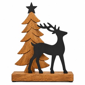 Wooden Christmas Tree and Reindeer Decor 7 Inch Tabletop Holiday Ornament Rustic Winter Theme Decorative <b>Object</b> - Product Image 2