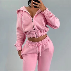 2024 otoño nueva ropa de calle personalizada lavado ácido parche desgastado bordado recortado 2 piezas Jogger conjunto chándales para mujeres - Product Image 5