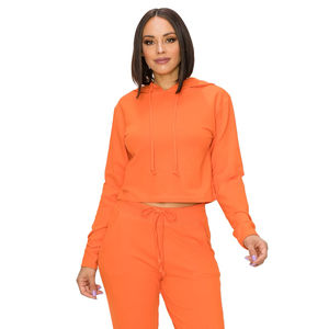 Venta al por mayor de algodón de las señoras en blanco gimnasio de manga larga chándal Crop Tops Croptop sudadera logotipo personalizado recortado Sudadera con capucha para las mujeres - Product Image 1