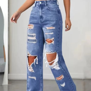 Pantalones vaqueros de retazos nuevos Pantalones vaqueros de pierna recta informales de moda para mujer con cordón de mezclilla lavada, pantalones vaqueros versátiles para uso diario - Product Image 1