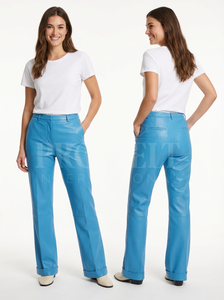 High Quality Custom Embroidery Logo Leather <b>Trousers</b> Women High Waist <b>Belt</b> Loop Concealed Front Fastening Fashion Leather Pants - Product Image 5