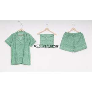 Conjunto de Pijama de Shorts con Estampado Floral 100% Puro para Mujer, Traje de Dormir de Verano, Estilo Casual, Hecho a Mano, No Tejido - Product Image 1