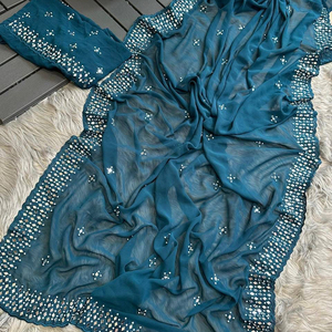 Sari en soie géorgette pure avec travail de perles, saris en miroir véritable avec pièces de blouse pour femmes - Product Image 1