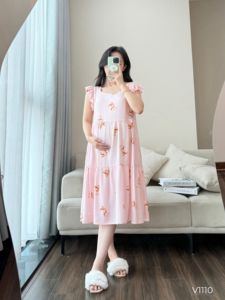 Robe de maternité en lin doux et frais V1110, absorbant la transpiration, style babydoll pour femmes enceintes, prix de gros - Product Image 4