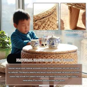 Mesa de Centro Redonda de Estilo Japonés Hecha a Mano con Tejido de Ratán, Madera de Mango, Diseño Rústico, Función Móvil - Product Image 4