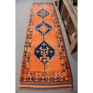 Tapis en laine noir orange bohème fait à la main 2,9 X 10,2ft Vintage turc grande surface Patchwork Rectangle couloir tapis de chambre en latex - Product Image 1