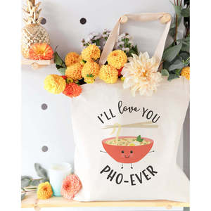 Sac fourre-tout de plage en toile de coton « I'll Love You Pho-Ever », durable, 12 oz, taille moyenne, écologique, pour usage quotidien, avec impression de lettres de dessin animé - Product Image 3