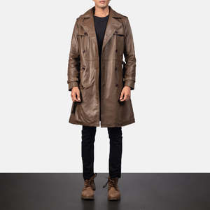 Royson <b>Men's</b> Stylish Brown Leather Duster <b>Coat</b> Hooded Overcoat Trench Blazer Pattern Heavy Fabric Knitted Warm Button Fur Print - Product Image 4