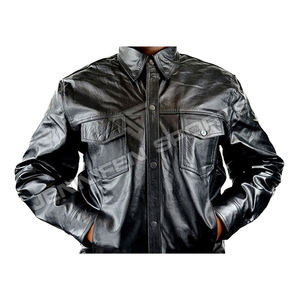 Chemise en cuir pour hommes Biker Motorcycle en cuir lisse de buffle véritable Poches de poitrine avant Fermeture à boutons Doublure intérieure en satin - Product Image 2