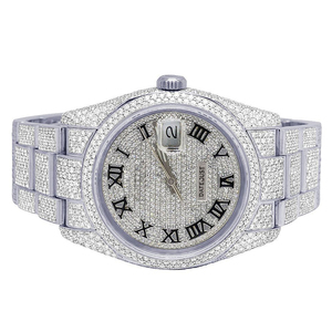 Montre-bracelet à cadran romain entièrement glacé avec diamant et ton argent/montre de luxe fabriquée à la main en acier inoxydable - Product Image 1