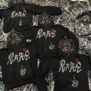 Wholesale Full <b>Zip</b> <b>up</b> <b>Hoodie</b> Rhinestone <b>Graphic</b> Logo Drop Shoulder Full Face Zipper Hoodies - Product Image 3