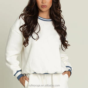 Design personnalisé de luxe universitaire Pullover Cuff Striped 100% Cotton Jersey Women Oversize Fleece Crew Neck Embroidered Sweatshirt - Product Image 3