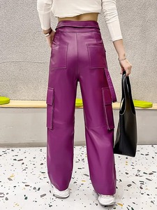 Pantalon en cuir à jambes larges coupe ample poches à bretelles pantalon cargo droit pantalon décontracté Streetwear automne - Product Image 2