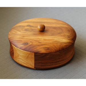 Boîte à chapati en bois de manguier de grande qualité avec couvercle en cuivre, boîte à roti ronde vintage, élégante décoration de salle à manger, article cadeau - Product Image 2