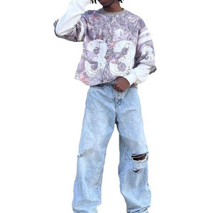 High Quality Custom Hip Hop Vintage Double Layer <b>Knitted</b> 100% Cotton Acid Wash Heat-Transfer Printed 2 1 Short Sleeve T Shirt - Product Image 6