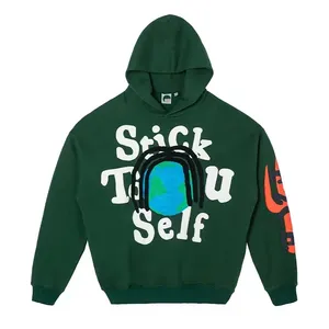 2023 Popular Street Wear 100% Cotton Hoodies Anti-Pilling Breathable High Quality Puff Printing Dark Green Hoodies cheap price