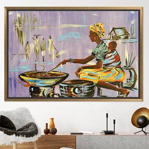 Impression sur toile Femme Africaine : Mère cuisinant, Décoration ethnique pour la maison, TOILE ENCADRÉE DORÉE - Product Image 1