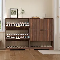 Meuble de rangement à chaussures OEM avec 2 tiroirs rabattables, étagère à chaussures étroite cannelée, meuble de rangement ouvert en bois, autoportant et dissimulé pour chaussures étroites