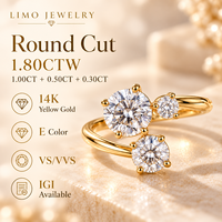Bague ouverte asymétrique à trois pierres en diamant de laboratoire taille ronde 1,8 carats en or jaune 14 carats, bijoux personnalisés OEM ODM en gros