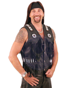 Chalecos de Cuero Genuino Negro para Hombre, Estilo Vaquero Occidental Americano, Hechos a Mano con Flecos, Cuentas y Huesos - Product Image 3