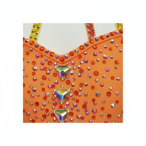 Traje de Baile con Pedrería Naranja para Niñas, con Cuentas de Cristal, para Competencia, con Plumas, para Samba y Baile Latino - Product Image 5