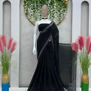 Sari de trabajo de secuencia de Georgette suave Premium de diseñador para mujer, ropa de boda de diseñador, ropa de fiesta de estilista - Product Image 1