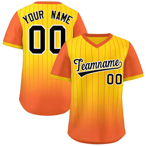 Maillot de baseball personnalisé à col en V avec dégradé jaune-orange et rayures fines, nom et numéro personnalisés, respirant, pour équipe de softball - Product Image 1