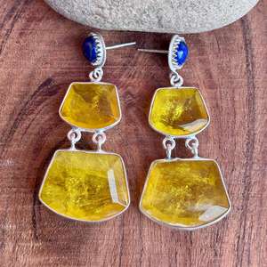 Boucles d'oreilles pendantes en Lapis Lazuli naturel et Quartz jaune faites à la main en argent sterling plaqué bijoux en pierres précieuses pour femmes - Product Image 2