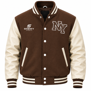 SINEWY SPORTS Men's Brown Varsity <b>Jacket</b> NY Embroidery Preppy Style Genuine <b>Leather</b> Breathable <b>Winter</b> Regular Fit Turn-down - Product Image 1