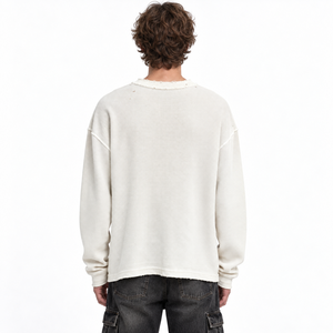 Camiseta Personalizada de Manga Larga con Cuello Redondo, 100% Algodón, Tejido Waffle, Impresión Serigráfica, Estilo Vintage Desgastado, Moda Urbana - Product Image 2