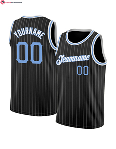 Premium de haute qualité personnalisé noir blanc à fines rayures bleu clair-blanc authentique maillot de basket-ball broderie maillot de basket-ball - Product Image 1