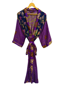 Robe longue tenue de nuit, Kimono Sari en soie recyclée vintage indien fait à la main Robe multicolore Robe de bain - Product Image 2