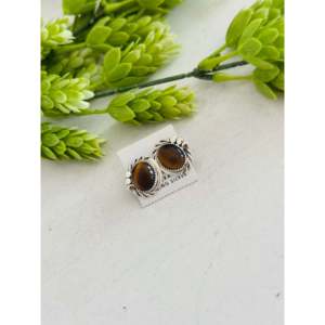 Navajo Handmade Tiger Eye & Sterling <b>Silver</b> <b>Stud</b> Earrings with Bezel Setting for Gift - Product Image 4