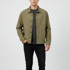 เสื้อเชิ้ตผ้าฝ้าย 100% สีเขียวมะกอก แบบลำลอง สำหรับฤดูหนาว ย้อมสีพื้น สำหรับผู้ชาย บริการ OEM 135 GSM - Product Image 1