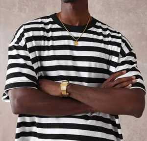 T-shirt décontracté tendance pour homme, 100% coton, col rond, coupe ample, rayé, jersey, manches courtes, mode estivale, streetwear - Product Image 4