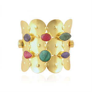 Hypoallergenic fashion jewelry mix color dyed gemstone wide band <b>bracelet</b> 18k gold plated solid brass jewelry open cuff <b>bracelet</b> - Product Image 1