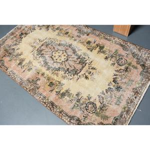 Vintage Accent Rug 3.8x6.3 ft, <b>Brown</b> Ikat Turkish <b>Wool</b> Rug - Product Image 4