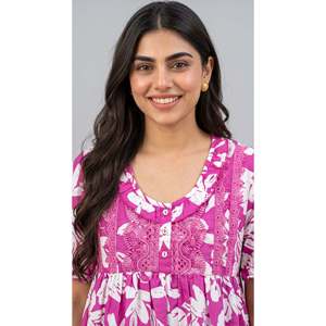 Premium 100% Cotton Floral Full Length <b>Long</b> Sleeve Nightgown for Women-Summer Round Neck Quick Dry Casual Style - Product Image 2
